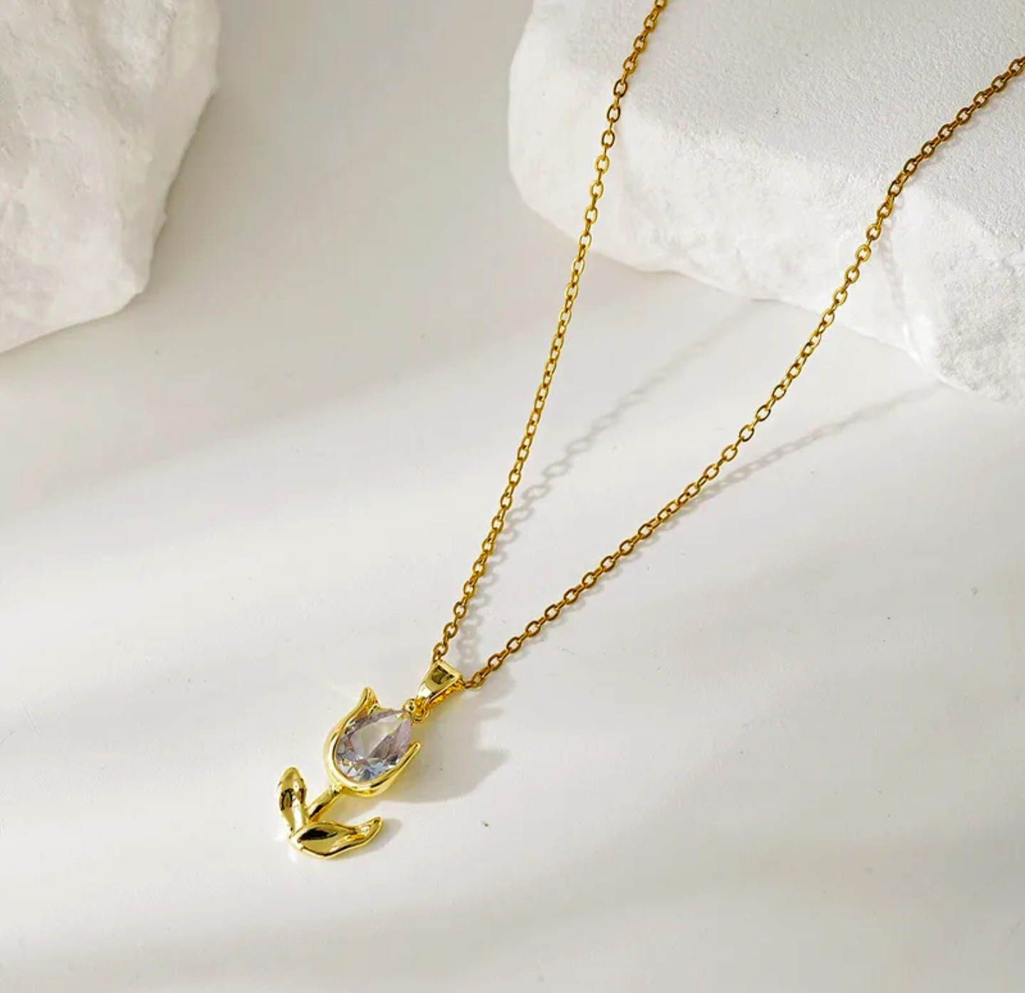 Gold Tone Tulip Flower Charm Pendant Necklace, Teardrop CZ, Metal Cable Chain