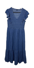 GAP Denim Size XL Ruffle Sleeve Smocked Midi Dress Dark Indigo Blue Tiered