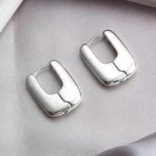 Silver Rectangular Hoop Earrings | Chunky Minimalist Huggie Earrings for Women