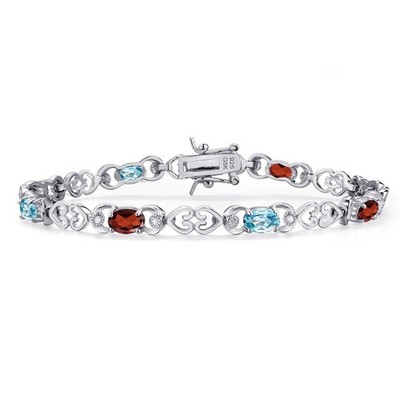 925 Sterling Silver Garnet and Blue Zircon and Lab Grown Diamond Bracelet For