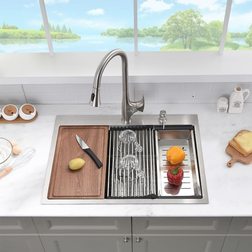 33 Inch Drop In Kitchen Sink Workstation with Accessories Gauge Stainless Steel