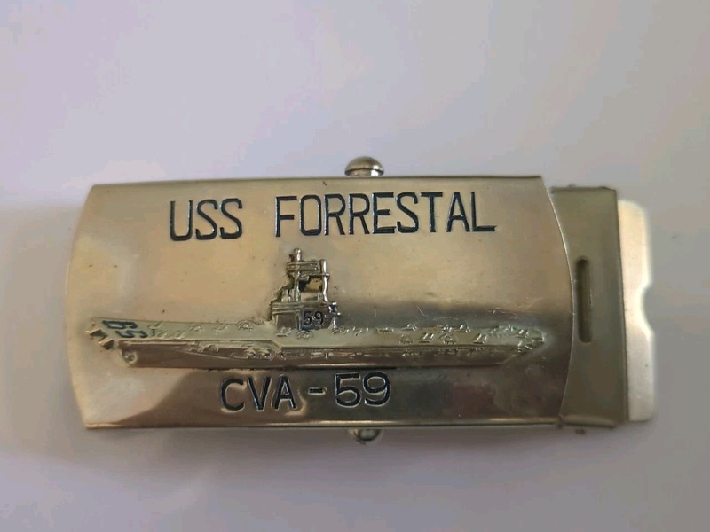 Vintage US Navy Belt Buckle USS FORRESTAL (Carrier CVA -59) Viet Nam Era Used 