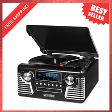 Retro Bluetooth Record Player with CD Player 3-Speed Turntable AM/FM Radio Black