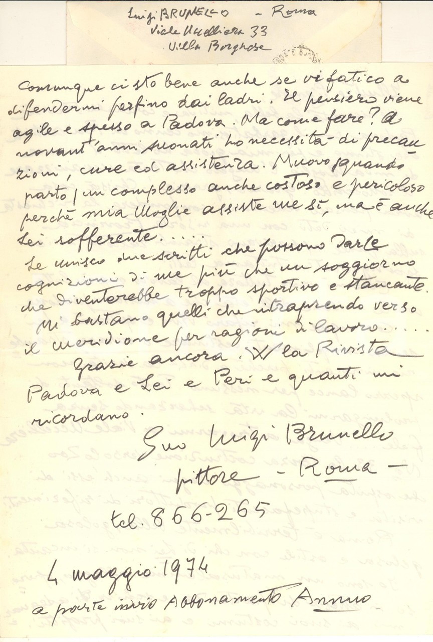 1974 ROMA Pittore Luigi BRUNELLO "in lotta con le miserie dell'età" *Autografo