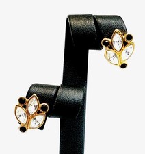 Vintage Napier Gold Clip-On Earrings Clear Black Rhinestones Jewelry