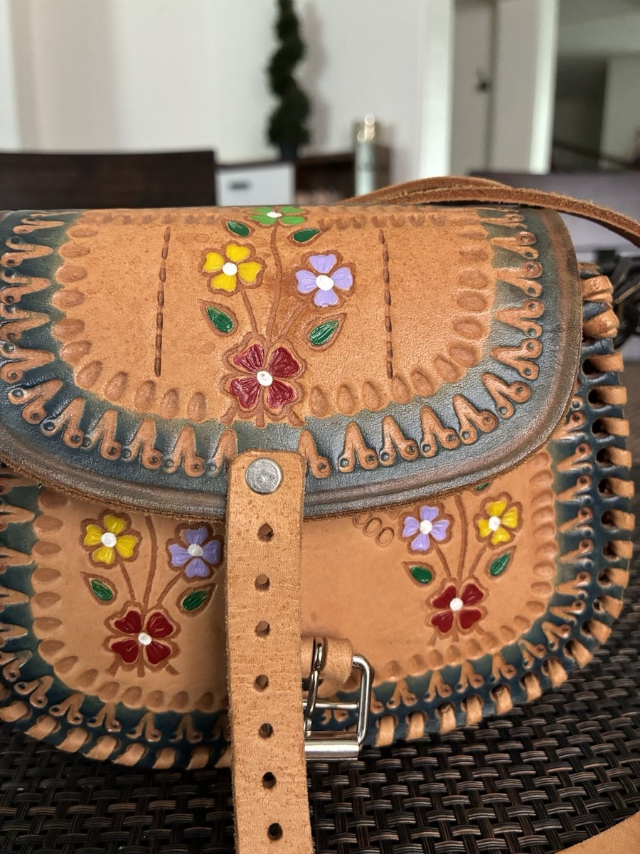 Vintage Mexican Hand Tooled Leather Floral Mini Crossbody Bag Boho
