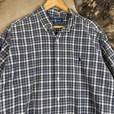Ralph Lauren Blake Button Up Shirt Sz Large Blue Plaid Cotton Short Sleeve Hole