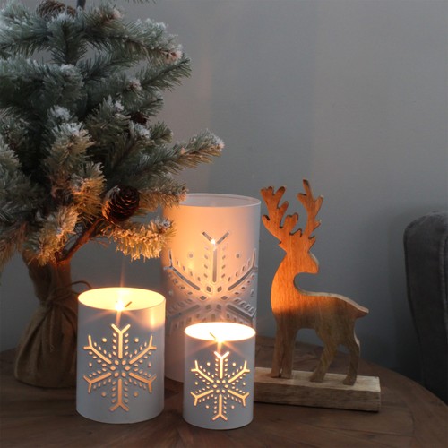 White Galvanized Snowflake Candle Lanterns 3pc Set, for Christmas Pillars - Picture 2 of 10