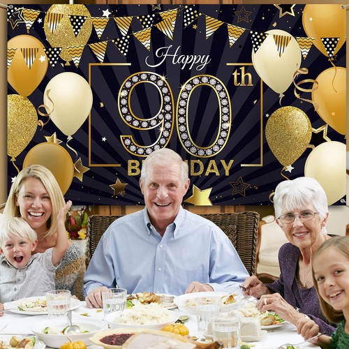 Happy 90th Birthday Backdrop Banner Extra Large Black and Gold 90th Birthday - Picture 6 of 7