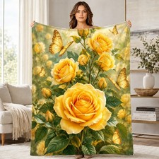 Golden Yellow Roses Butterflies Coral Fleece Blanket Floral Decor