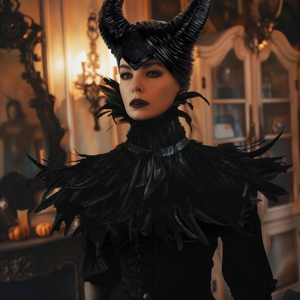 Evil Queen Feather Horns Costume for Women Black Cape Halloween Headpiece Shawl  - Image 2 of 4