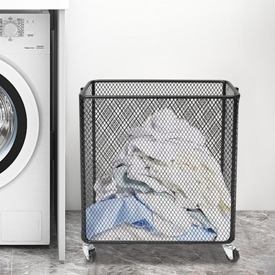 Iron Rolling Laundry Basket With Wheels - Black Wire Mesh Hamper 43 × 23 × 45 cm