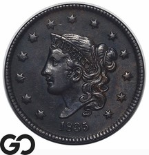 1835 Large Cent, Coronet Head Great Strike, Choice AU++ Bids: 800