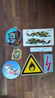 7 Old Stickers 1980s - Vintage - Bundle - Electricity Fire Comic Dragon Etc