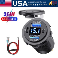 12V-24V PD  QC3.0 Dual USB Car Fast Charger Power Socket Outlet LED Voltmeter
