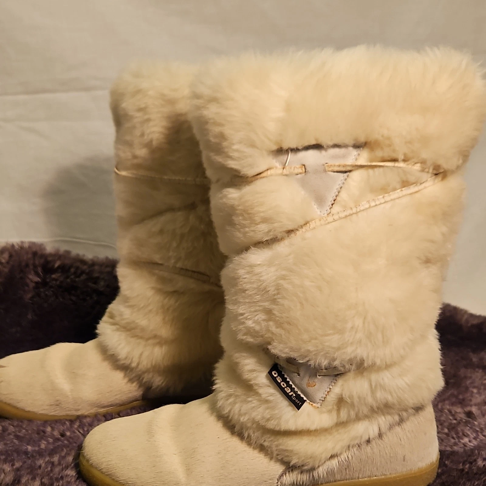 Oscar Sport TAIGA Fur Trim Lined Leather Snow Boots Beige Mid-Calf Women