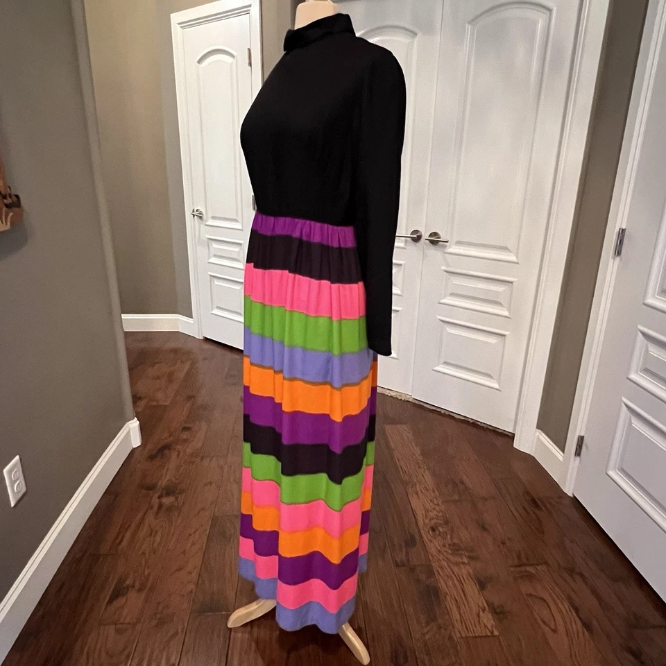 Maxi Vestido De Colección Años 60 Park East By Swirl Talla 14 Talla 6 8 Negro Top Arco Iris Rayas Foto 4 de 4