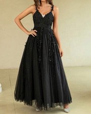Women  s Sparkle Strappy Black Tulle Appliqu  Homecoming Formal Dress 12 NWT