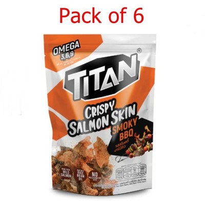 Pack of 6 x 30g Titan Crispy Salmon Skin Smoky BBQ Flavor Thai Snack Omega 3,6,9