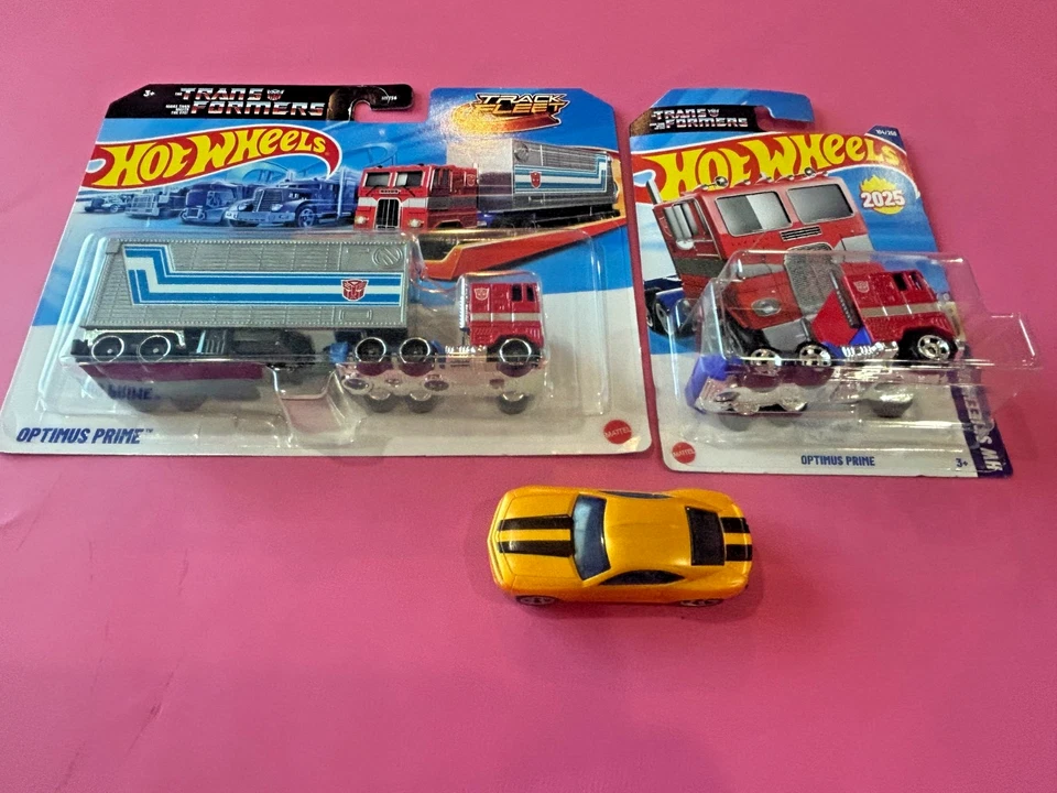 2025 HOT WHEELS TRACK FLEET TRANSFORMERS OPTIMUS PRIME LOT Bonus Bumblebee Car - Image 2 of 4