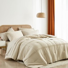 Full Size Comforter Set 7 Piece Bed in a Bag,Grid Pinch Pleat Beige Bedding S...