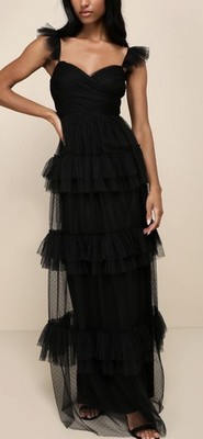 Lulus Pure Radiance Dress Womens Large Black Mesh Swiss Dot Tiered Maxi NEW