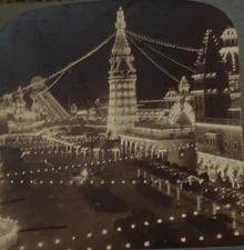 Stereoview-Underwood Pub-Brilliant Luna Park at Night-Coney Island, NY 1903