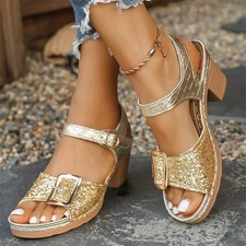 Women's Open Toe Sandals with Sparkling Ankle Strap Block Heel Casual Shoes