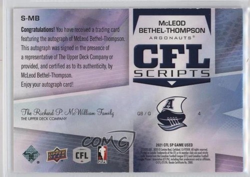2021 SP Game Used Edition CFL Scripts /100 Mcleod Bethel-Thompson #S-MB Auto - Picture 2 of 3