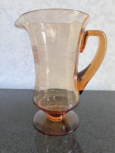 Vintage Fostoria Seville Amber Glass Etched Pitcher / Jug & 6 Water Goblets Set - Picture 4 of 19