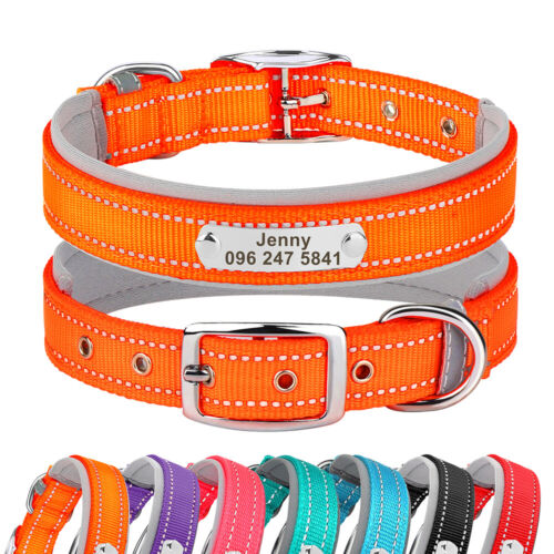 Collar reflectante de nailon para perro personalizado nombre de mascota etiqueta de identificación ajustable S-XL - Imagen 1 de 26