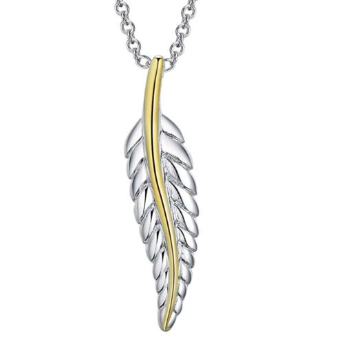 Feather with Gold Accents Pendant Necklace 925 Sterling Silver NEW - Picture 1 of 9