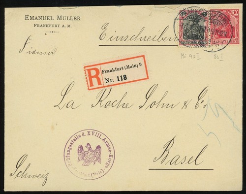 Deutschland Frankfurt Einschreiben in die Schweiz 1915 Zensur geprüft Poststempel - Bild 1 von 2