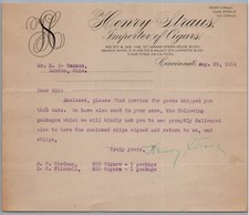 1914 Henry Straus Cigars Cincinnati, Ohio Billhead Bill Head M.B. Cannon London