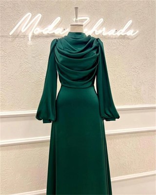 Sulf Sleeve Satin Evening Dress Simple Modest Floor Length High Collar
