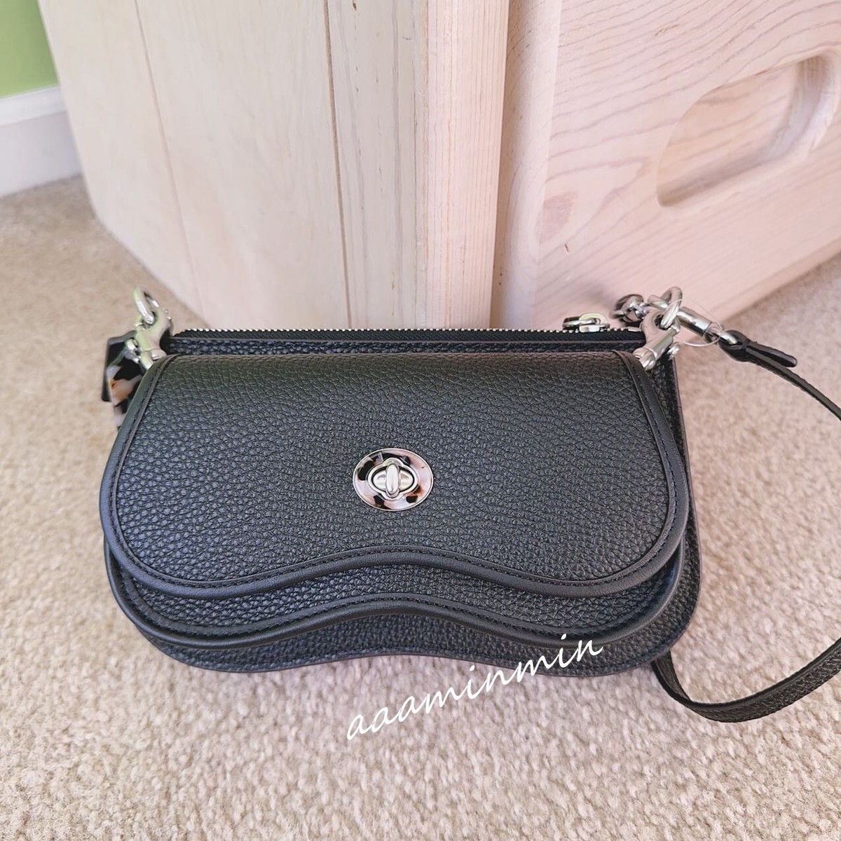 NWT Coach Wavy Double Pouch Bag In Coachtopia Leather-Black CT381