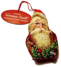 VTG Needlepoint Victorian Santa Handmade Needlework Ornament Satin Back