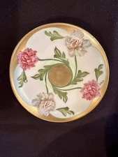 ANTIQUE BAVARIAN HAND PAINTED SAUCER. PINK & WHITE FLOWERS. 