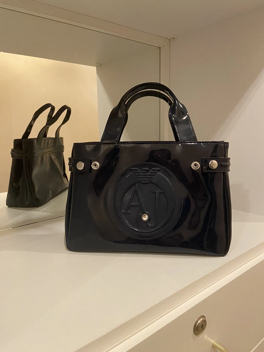 Armani Jeans Black Patent Leather Logo Detail Crossbody Shoulder Bag Purse