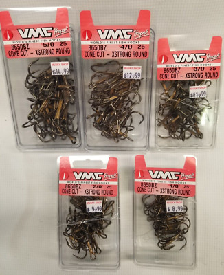 VMC Cone Cut - XStrong Round Treble 8650BZ, 5 Pkgs of 25 Hooks, 5/0 to 1/0), New