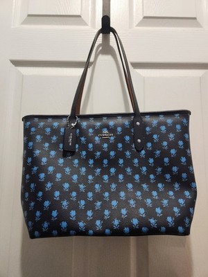 Coach City Tote Large Black & Blue Floral  Bag Charm Double Handles Inner Pocket