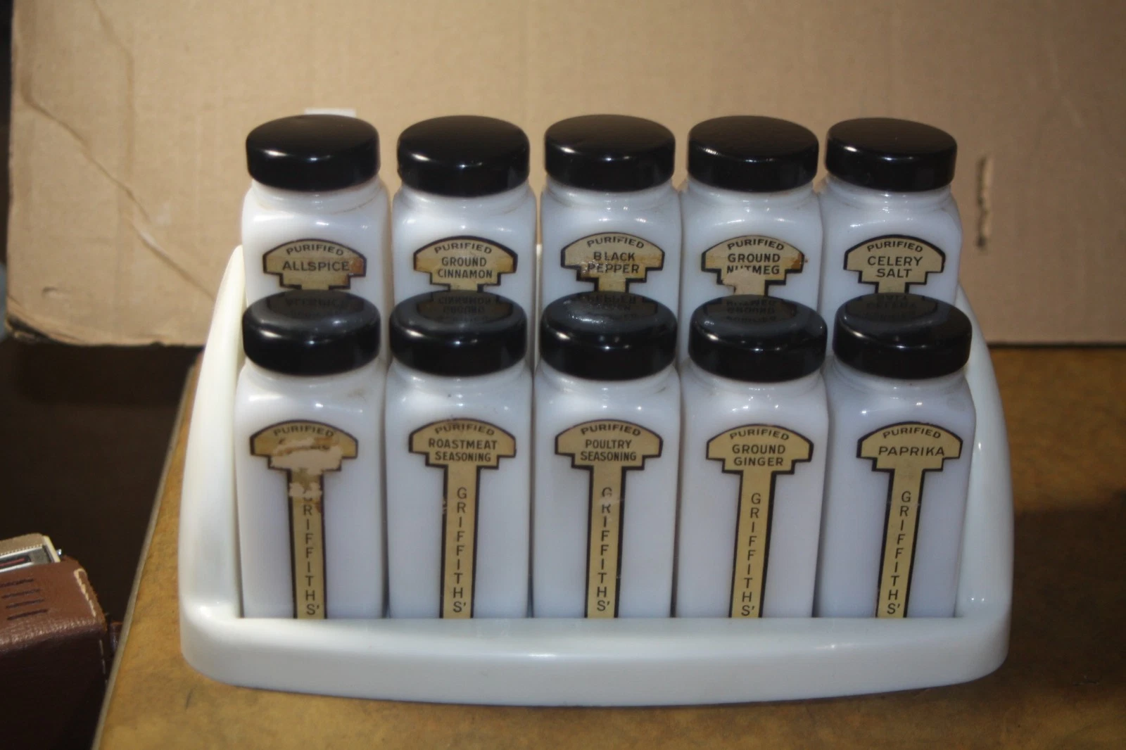 Vintage Griffith's Set of 10 Milk Glass Spice Jars With Metal Lids-Rack -Hanger