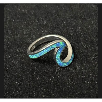 925 Sterling Silver Wave Ring Blue Opal Inlay Wave  Size 6
