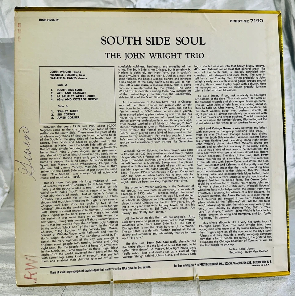 LP: The John Wright Trio,  South Side Soul, Prestige  PRLP 7190, Mono, No deep g Foto 2 de 4