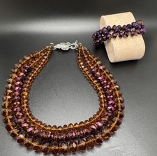 Vintage 3 Strand Amber Purple Crystal Glass Necklace Bracelet Rhinestone Heavy