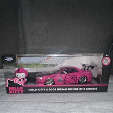 Jada Hello Kitty 2002 Nissan Skyline Gt-r Bnr34 124 Diecast W Figure Pink