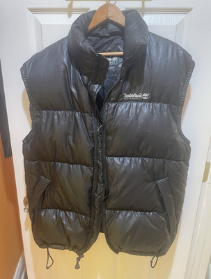 Timberland Men s Black Puffer Vest M Full Zip Stand Collar Quilted Logo