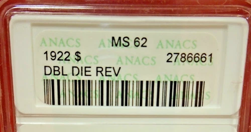 1922 U.S. Silver Peace Dollar Toned Double Die Reverse ANACS MS 62 Old Soapbox