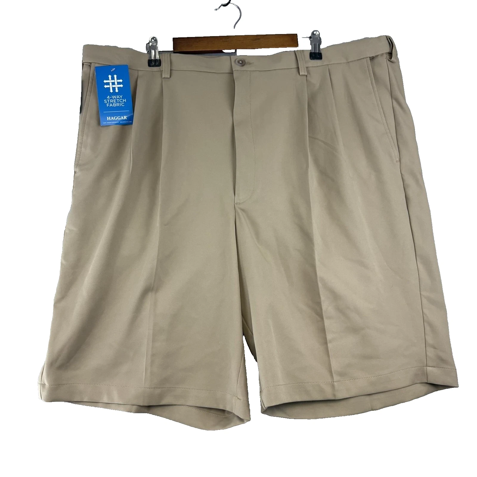 Haggar Cool 18 Pro Shorts Mens 44W Khaki Pleated Comfort Stretch UV Quick Dry