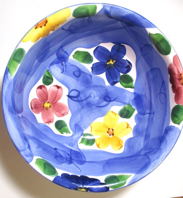 HIMARK Vintage Handpainted Indigo Serving Bowl Glazed/Flowers/Portugal 3lbs, 12''